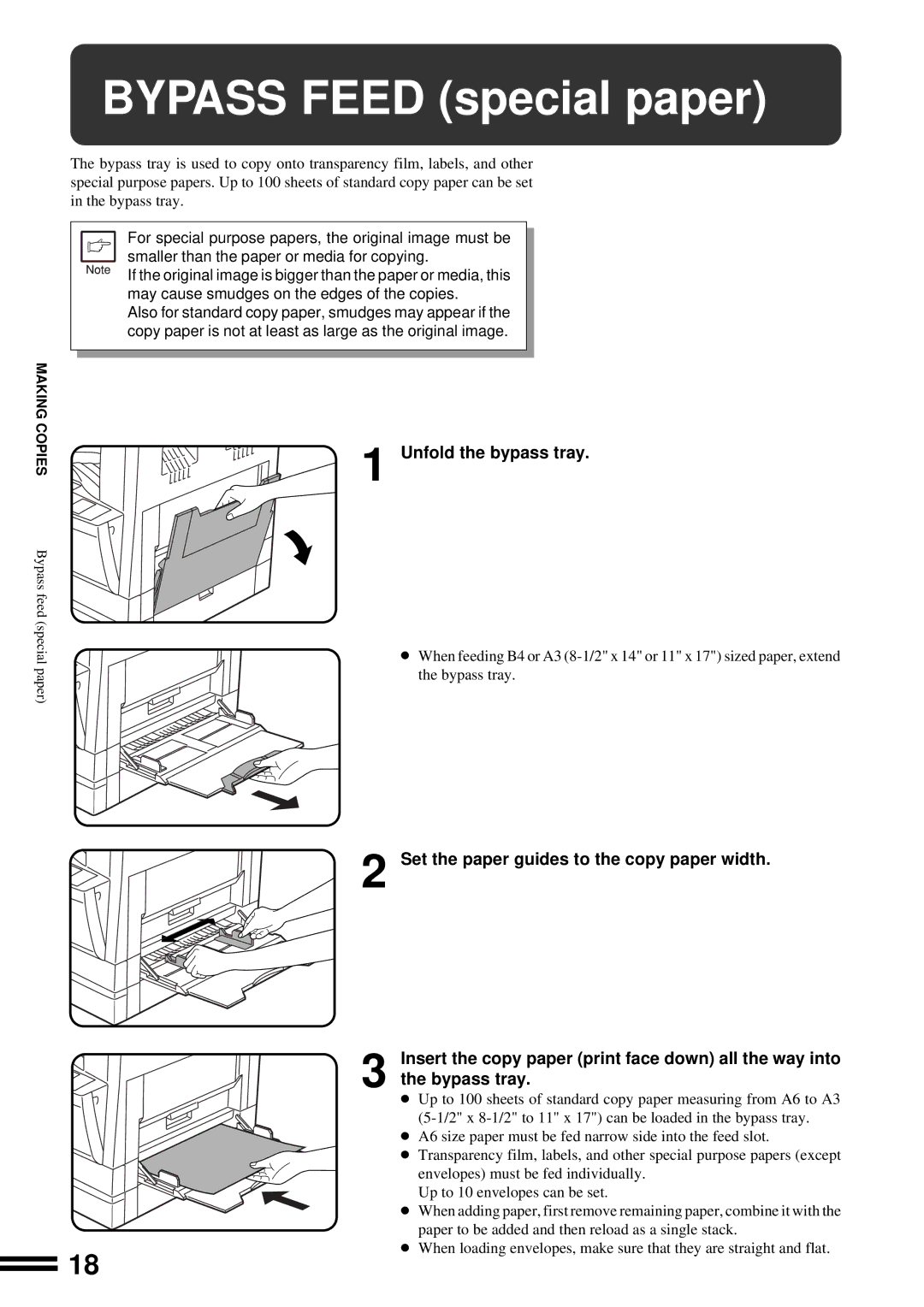 Sharp AR-201 operation manual Bypass Feed special paper, Unfold the bypass tray 