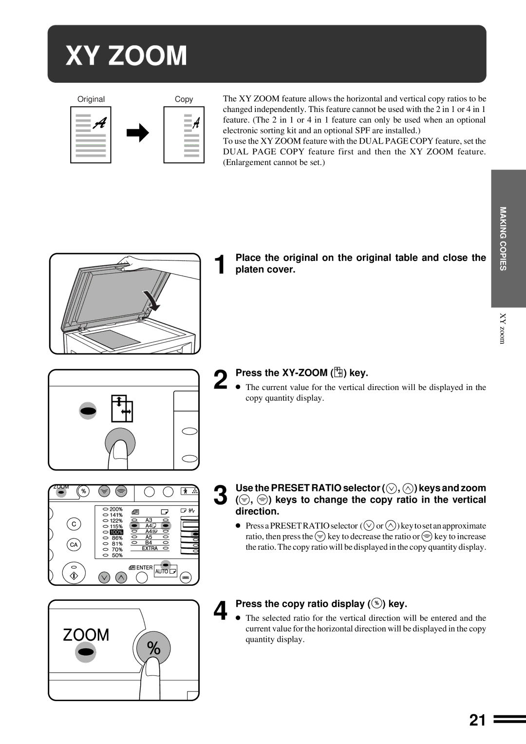 Sharp AR-201 operation manual XY Zoom, Press the XY-ZOOM key, Press the copy ratio display key 