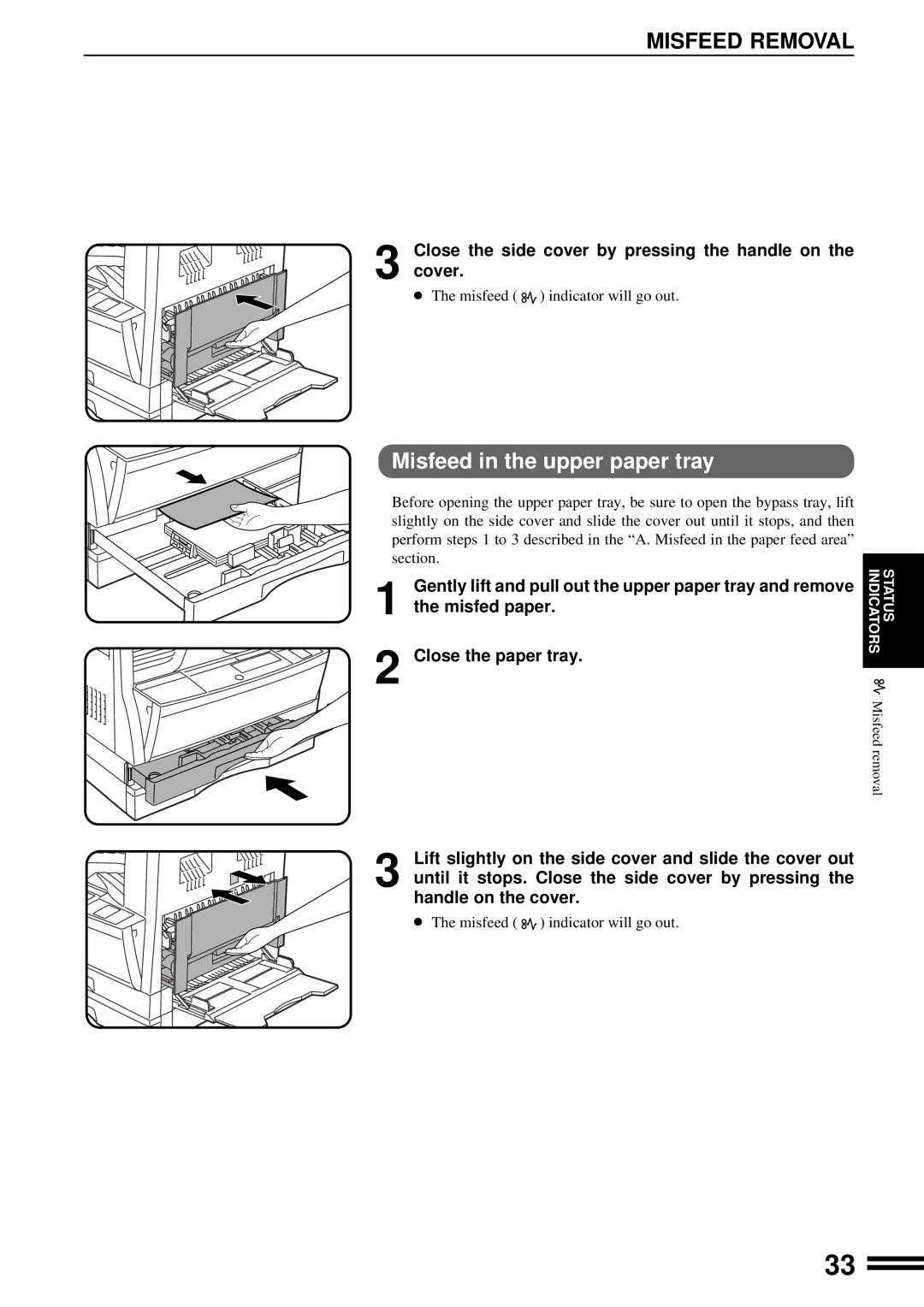 Sharp AR-201 operation manual Misfeed in the upper paper tray, Close the side cover by pressing the handle on Cover 