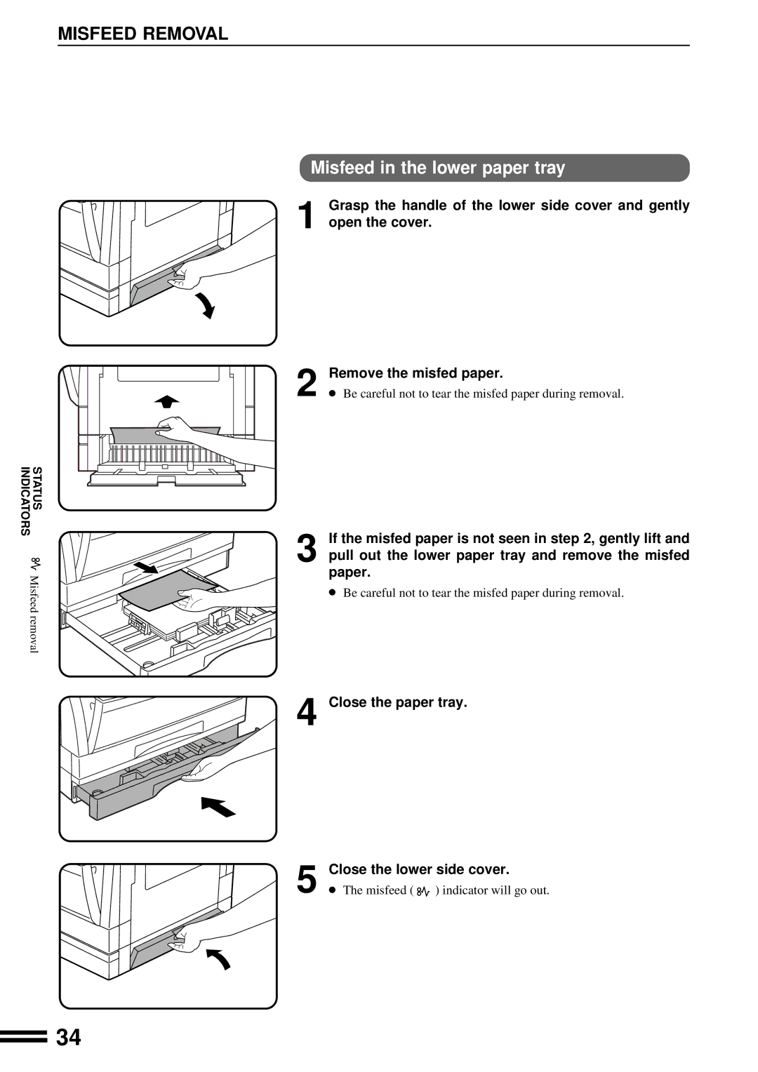 Sharp AR-201 Misfeed in the lower paper tray, Remove the misfed paper, Close the paper tray Close the lower side cover 