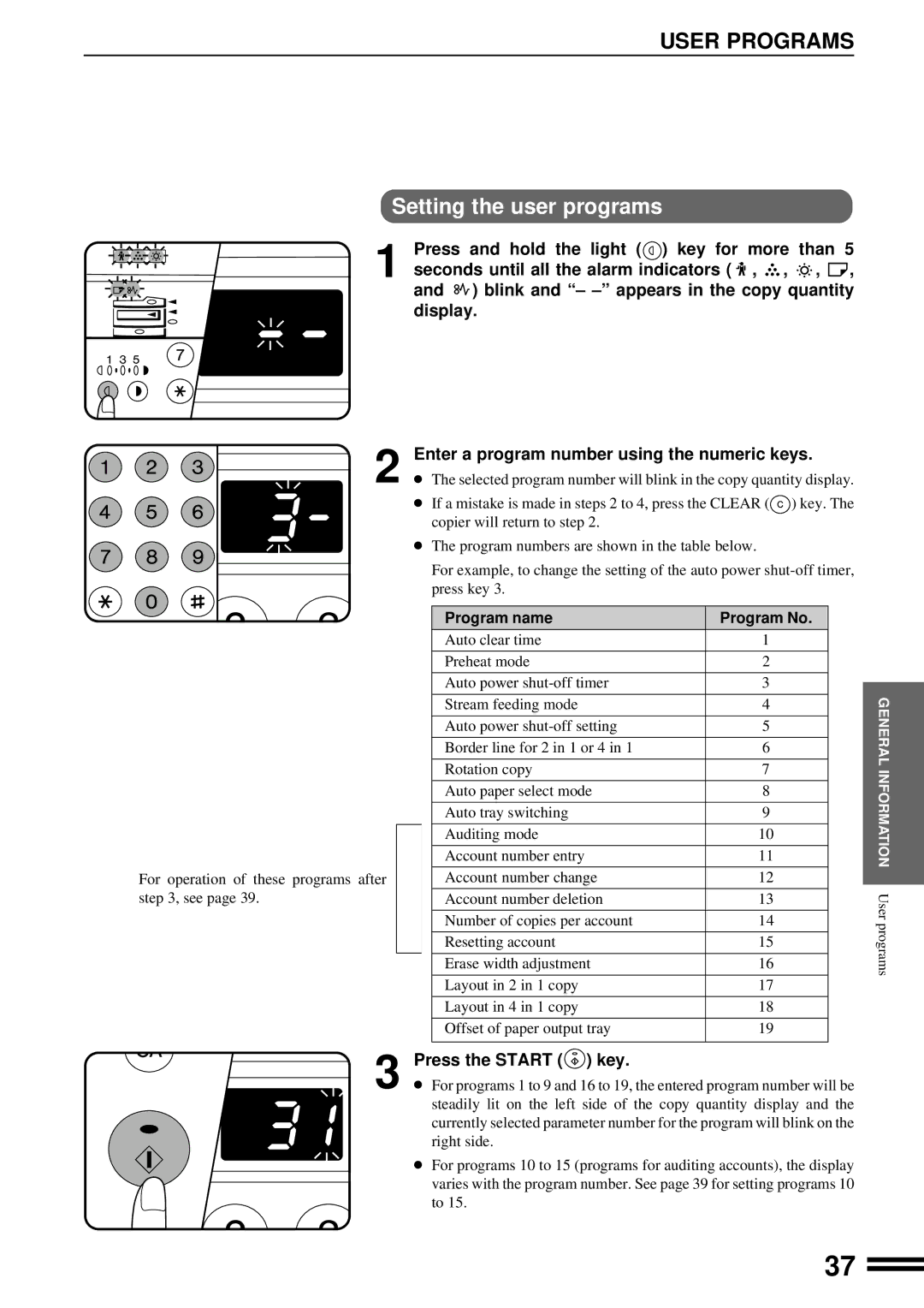 Sharp AR-201 operation manual User Programs, Setting the user programs, Enter a program number using the numeric keys 