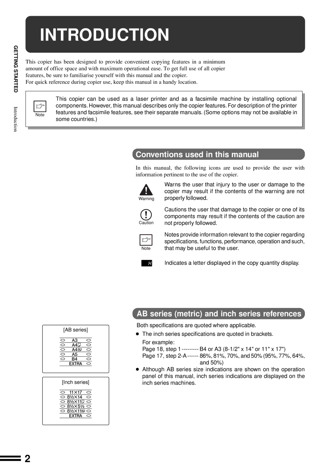 Sharp AR-201 operation manual Introduction, Conventions used in this manual, AB series metric and inch series references 