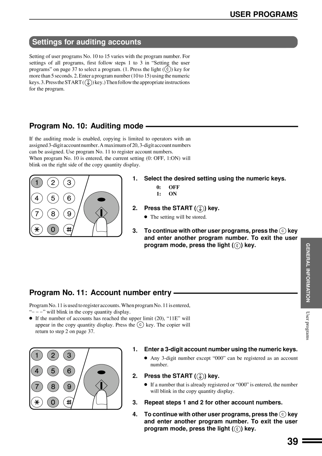 Sharp AR-201 operation manual Settings for auditing accounts, Select the desired setting using the numeric keys 