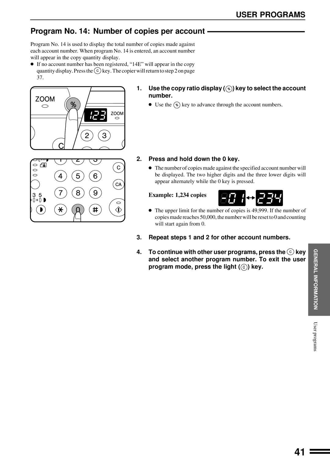 Sharp AR-201 operation manual Use the copy ratio display key to select the account number, Press and hold down the 0 key 