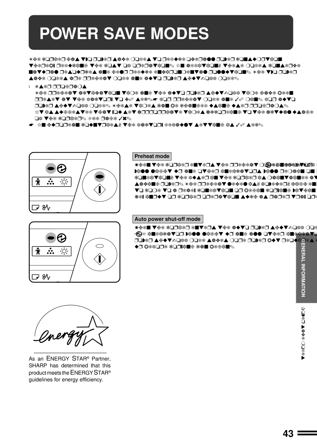 Sharp AR-201 operation manual Power Save Modes, Preheat mode, Auto power shut-off mode 