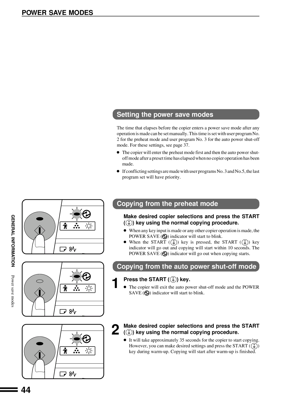 Sharp AR-201 operation manual Power Save Modes, Setting the power save modes, Copying from the preheat mode 