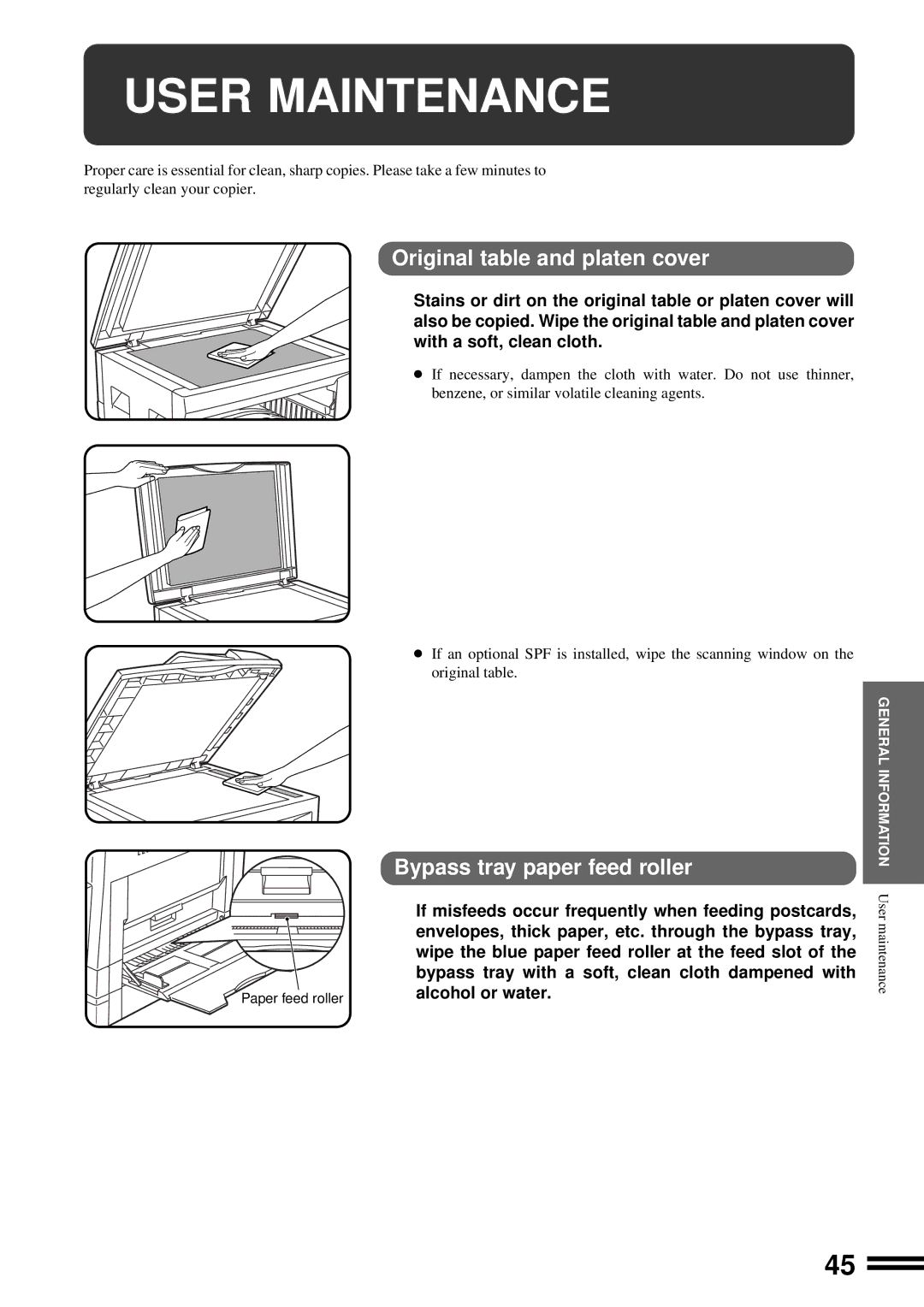 Sharp AR-201 operation manual User Maintenance, Original table and platen cover, Bypass tray paper feed roller 