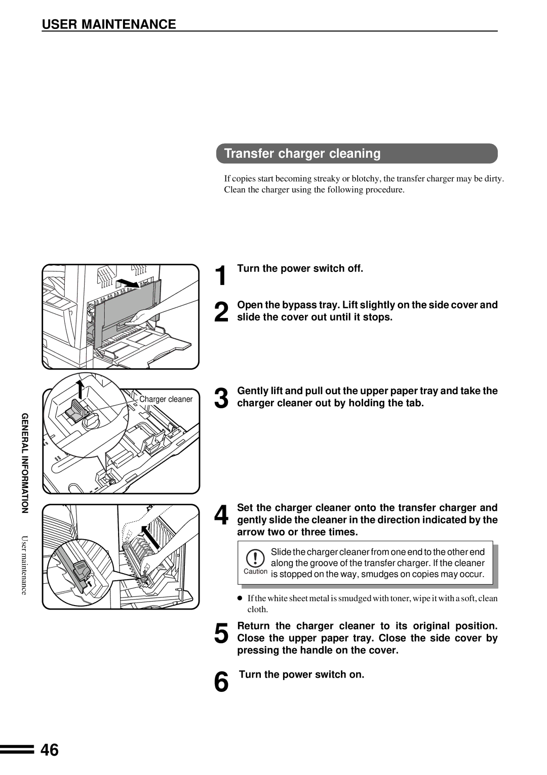 Sharp AR-201 operation manual User Maintenance, Transfer charger cleaning, Charger cleaner out by holding the tab 