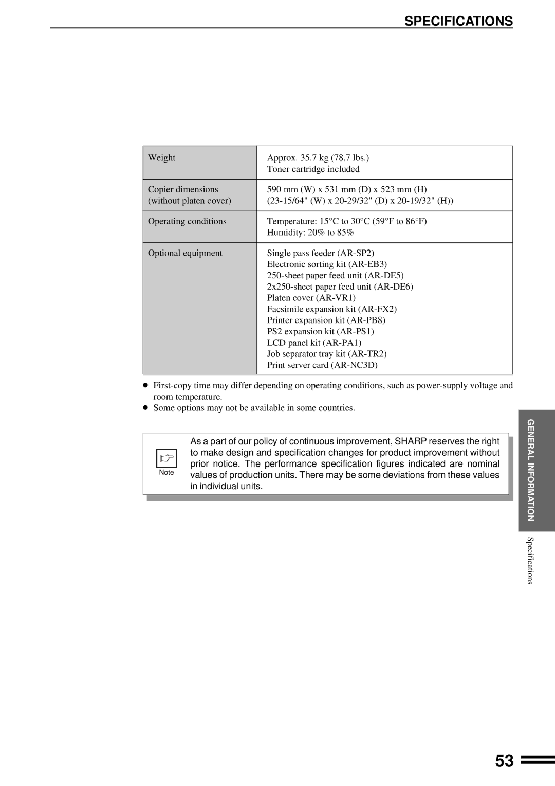 Sharp AR-201 operation manual Specifications 