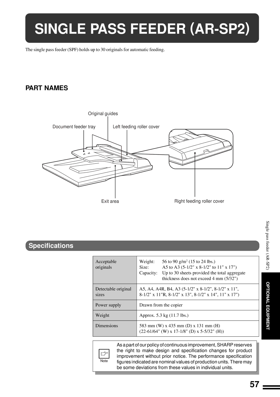 Sharp AR-201 operation manual Single Pass Feeder AR-SP2, Part Names, Specifications 