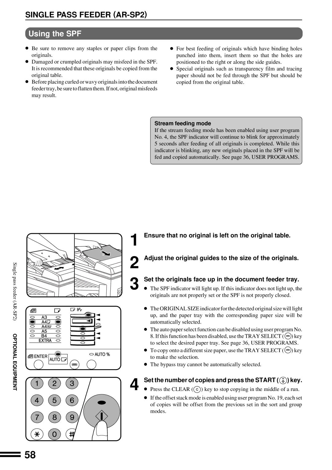 Sharp AR-201 operation manual Single Pass Feeder AR-SP2, Using the SPF, Stream feeding mode 