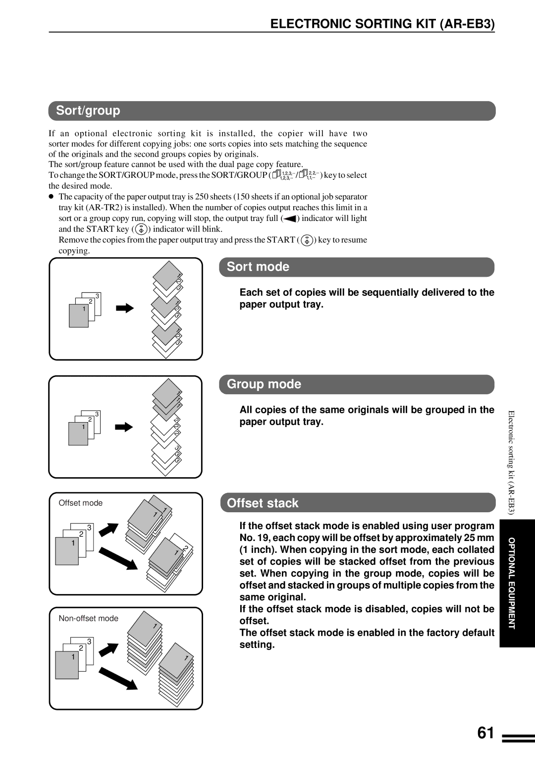 Sharp AR-201 operation manual Electronic Sorting KIT AR-EB3, Sort/group, Sort mode, Group mode, Offset stack 