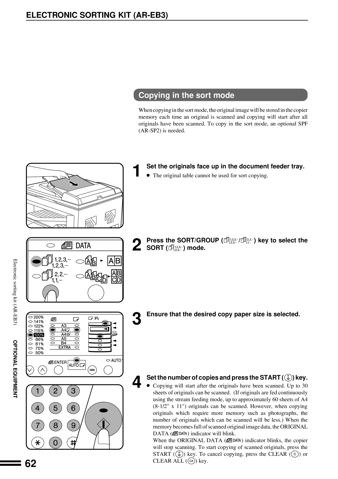 Sharp AR-201 operation manual Copying in the sort mode, Set the originals face up in the document feeder tray 