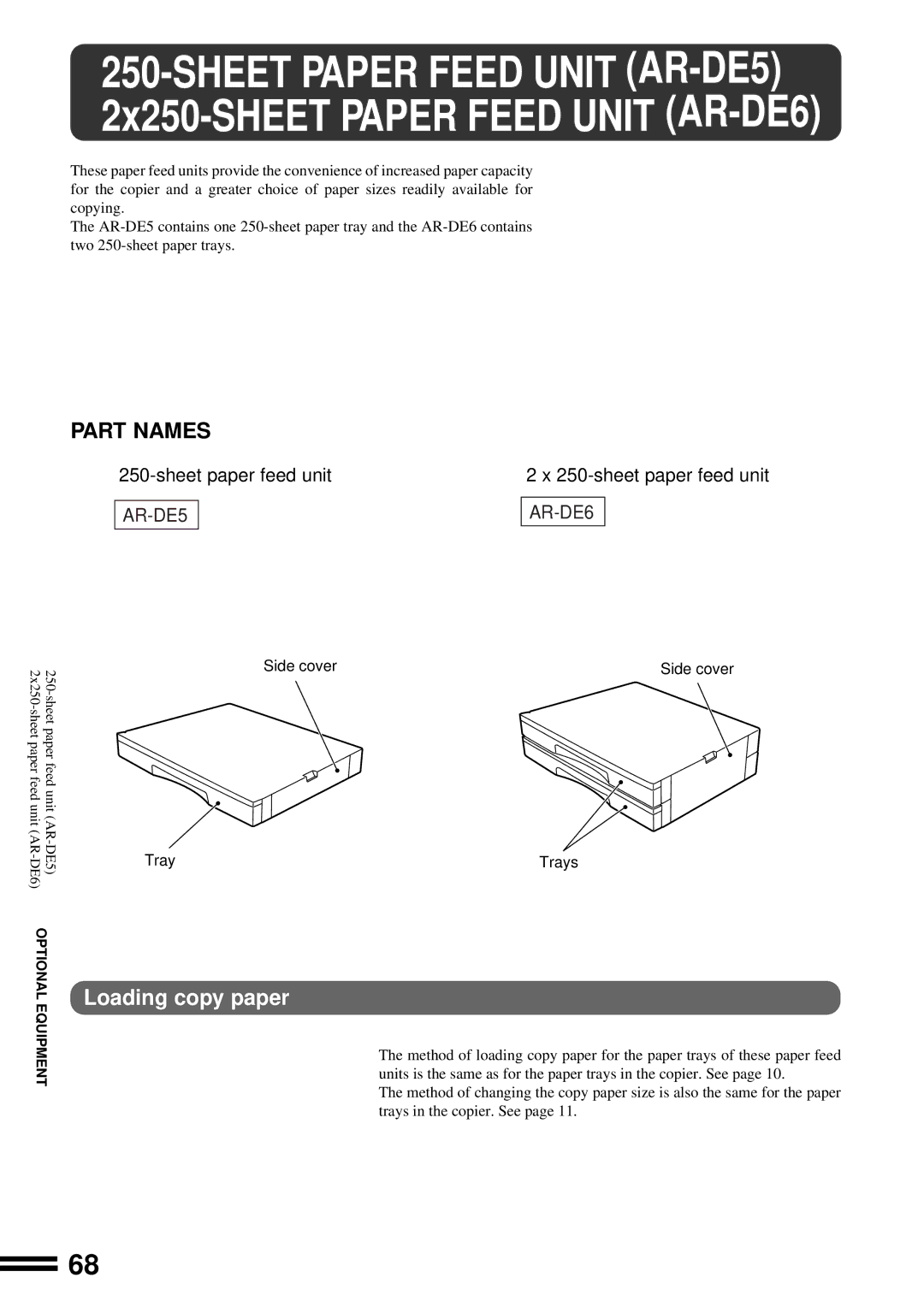 Sharp AR-201 operation manual Sheet Paper Feed Unit AR-DE5, Loading copy paper 