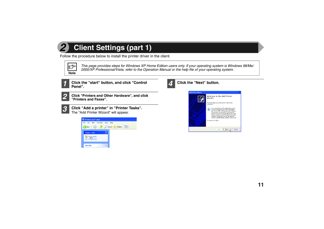 Sharp AR-203E X Client Settings part, Click the start button, and click Control, Panel, Click the Next button 