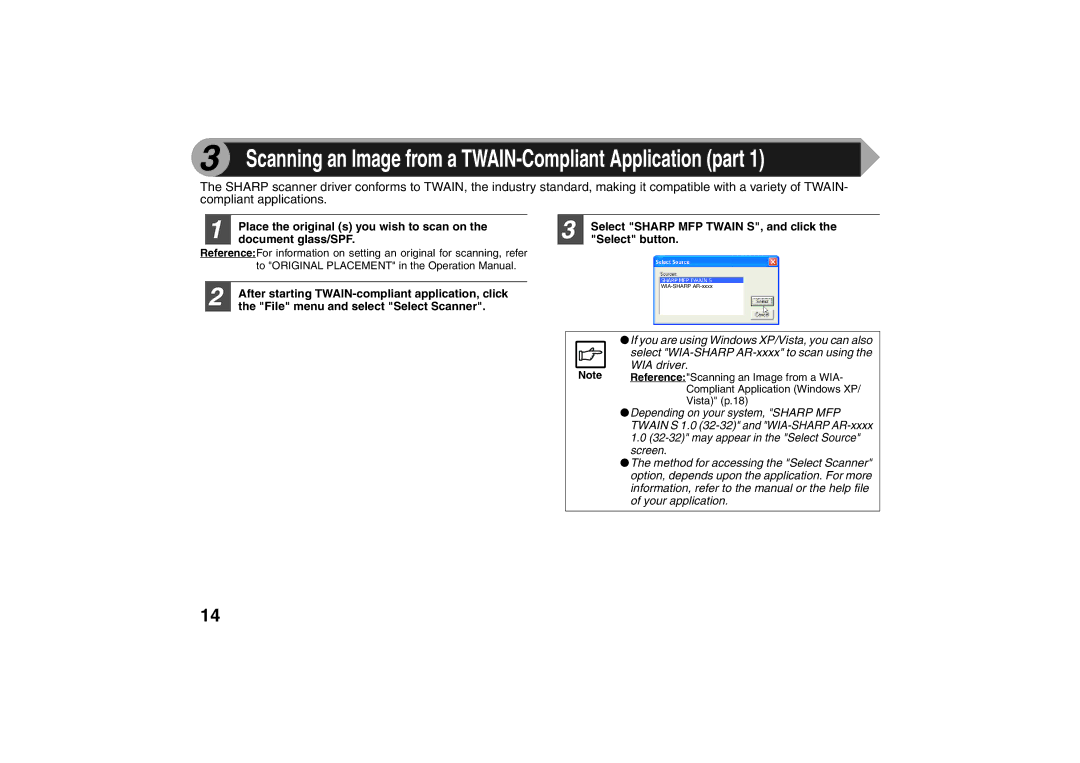 Sharp AR-203E X Place the original s you wish to scan on, Document glass/SPF, File menu and select Select Scanner 