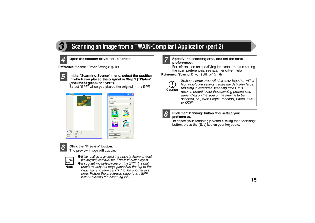 Sharp AR-203E X Open the scanner driver setup screen, Scanning Source menu, select the position, Document glass or SPF 