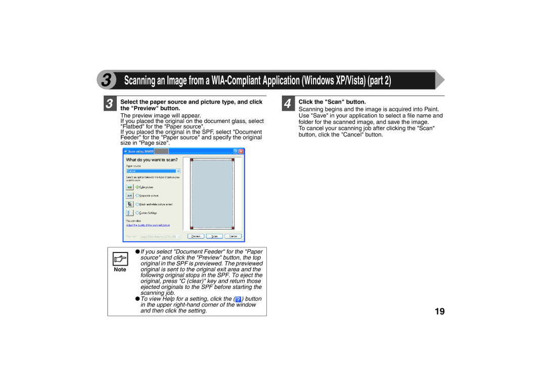 Sharp AR-203E X operation manual Select the paper source and picture type, and click, Preview button, Click the Scan button 