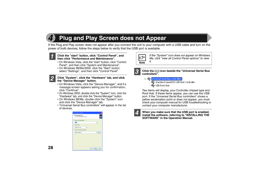 Sharp AR-203E X Plug and Play Screen does not Appear, Click the icon beside the Universal Serial Bus, Controllers 