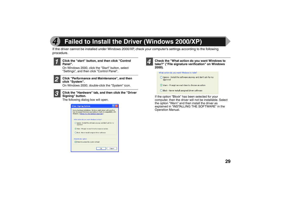 Sharp AR-203E X operation manual Failed to Install the Driver Windows 2000/XP 