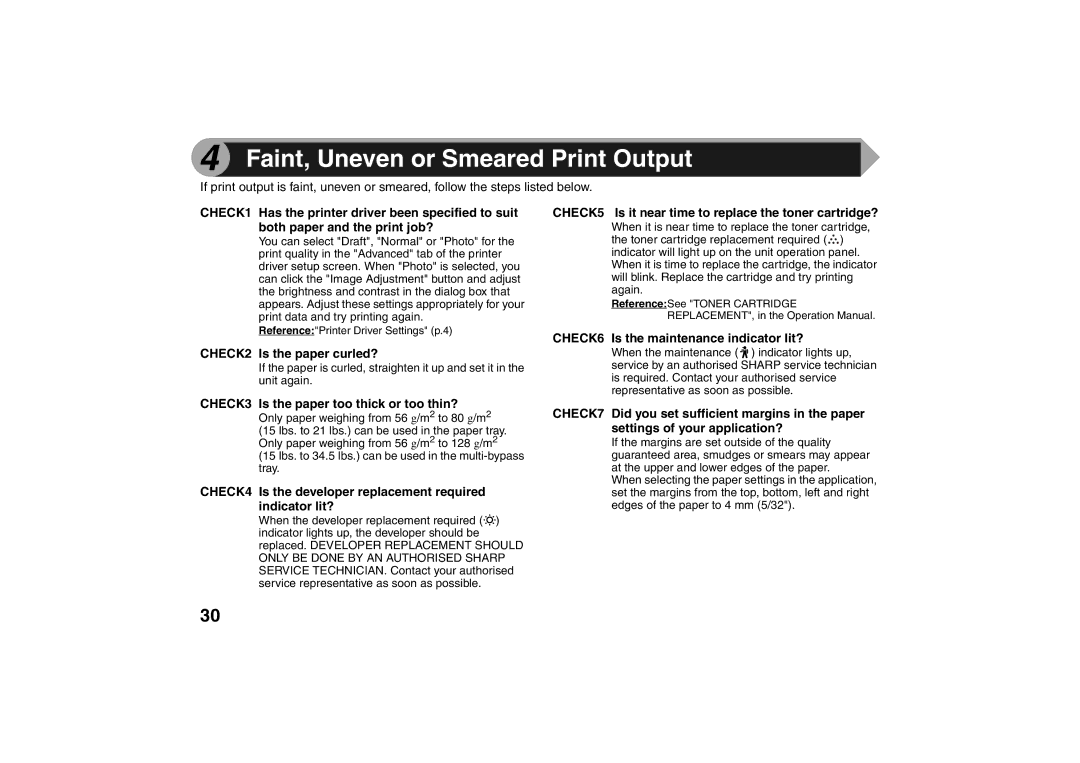 Sharp AR-203E X operation manual Faint, Uneven or Smeared Print Output 