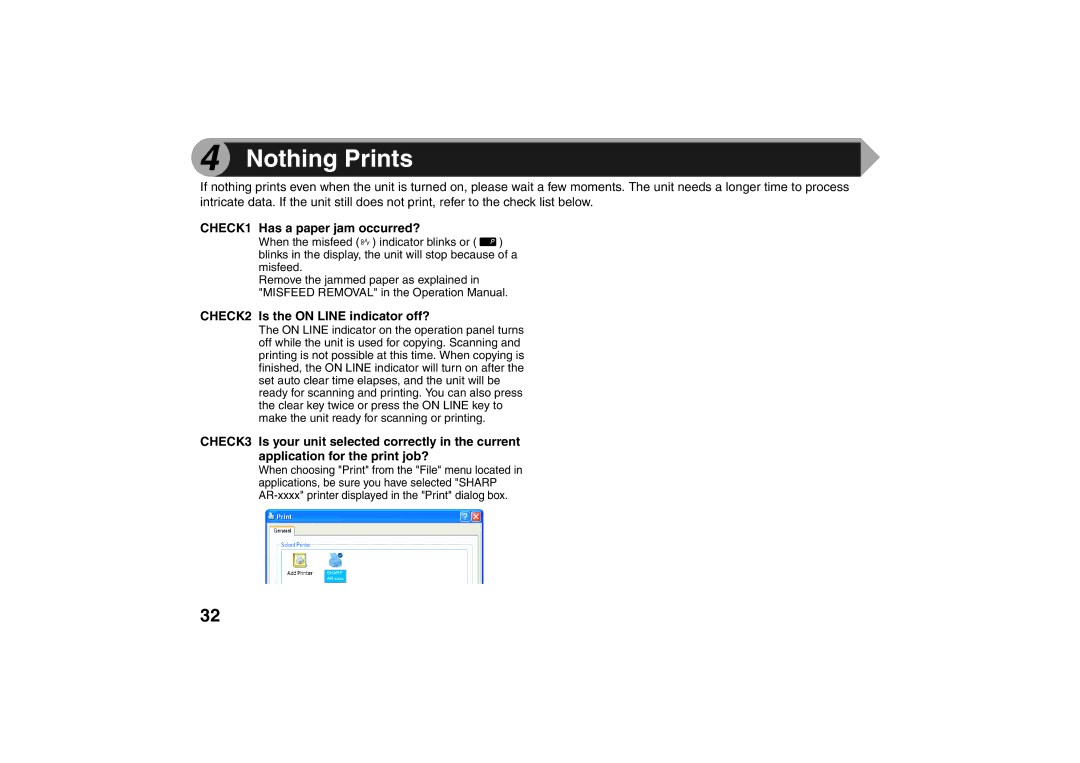 Sharp AR-203E X operation manual Nothing Prints, CHECK1 Has a paper jam occurred?, CHECK2 Is the on Line indicator off? 