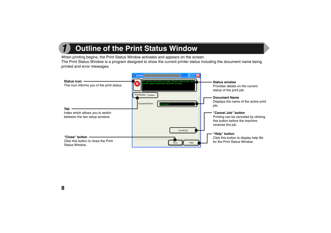Sharp AR-203E X operation manual Outline of the Print Status Window 