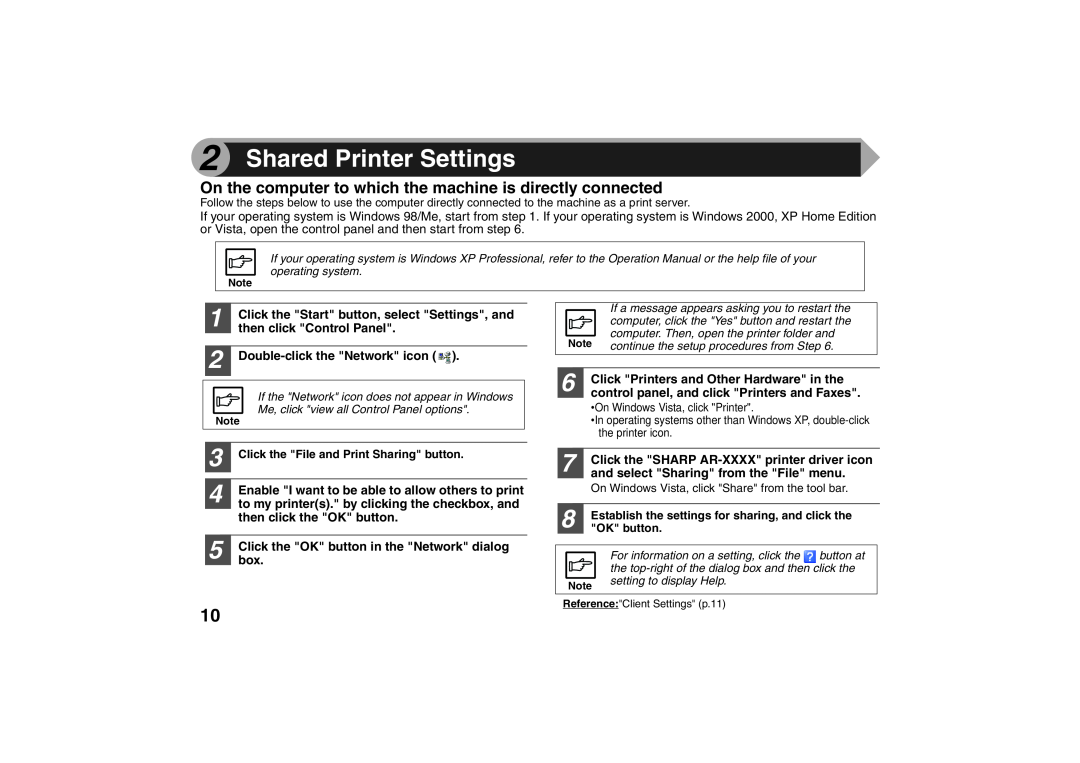 Sharp AR-203E X Shared Printer Settings, Click the Start button, select Settings, and, then click Control Panel, OK button 