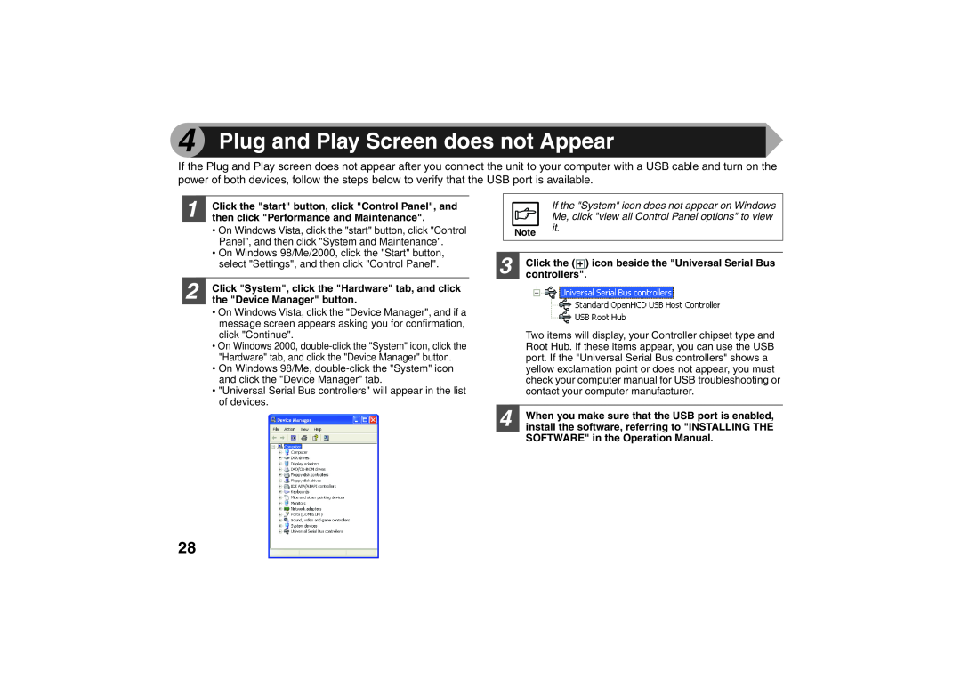 Sharp AR-203E X Plug and Play Screen does not Appear, Click the icon beside the Universal Serial Bus, controllers 