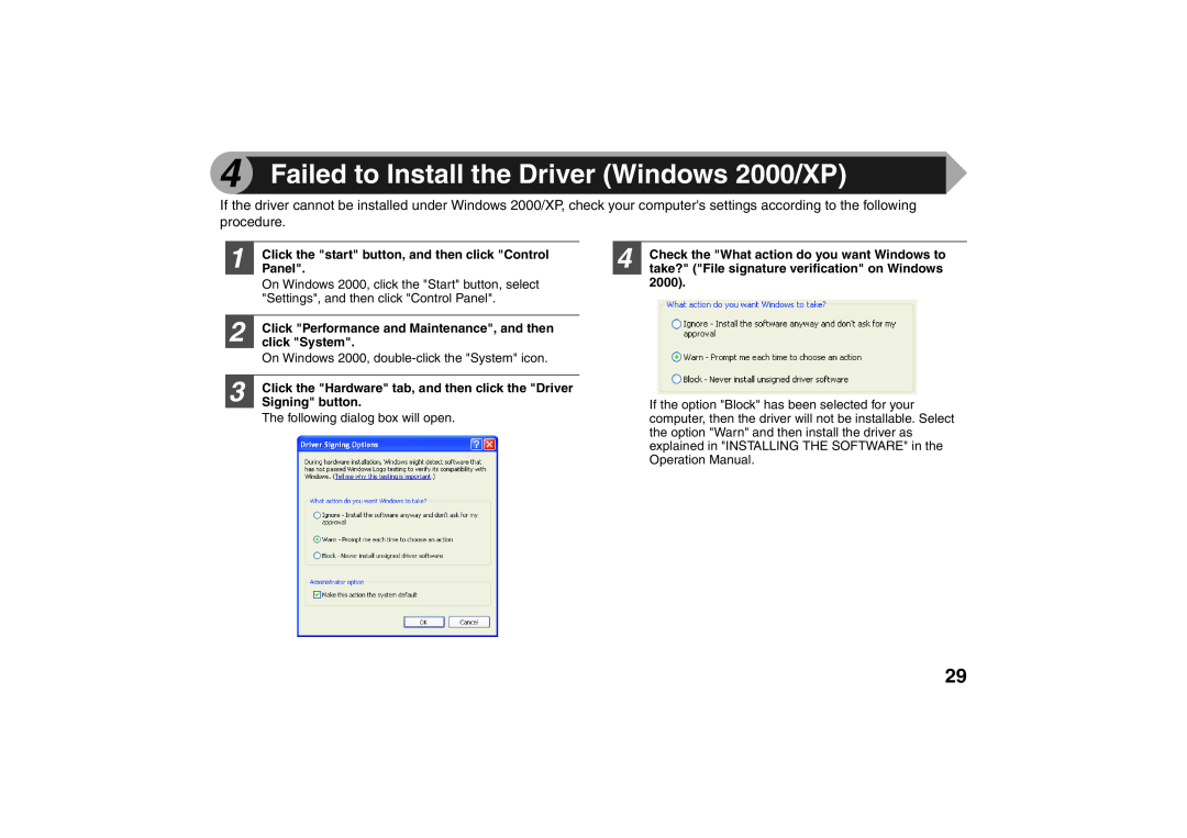 Sharp AR-203E X Failed to Install the Driver Windows 2000/XP, On Windows 2000, click the Start button, select, Panel 
