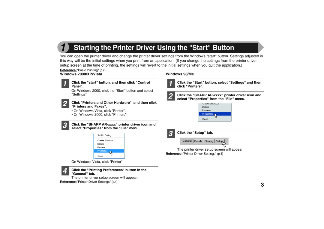 Sharp AR-203E X operation manual Windows 2000/XP/Vista, Windows 98/Me, Starting the Printer Driver Using the Start Button 