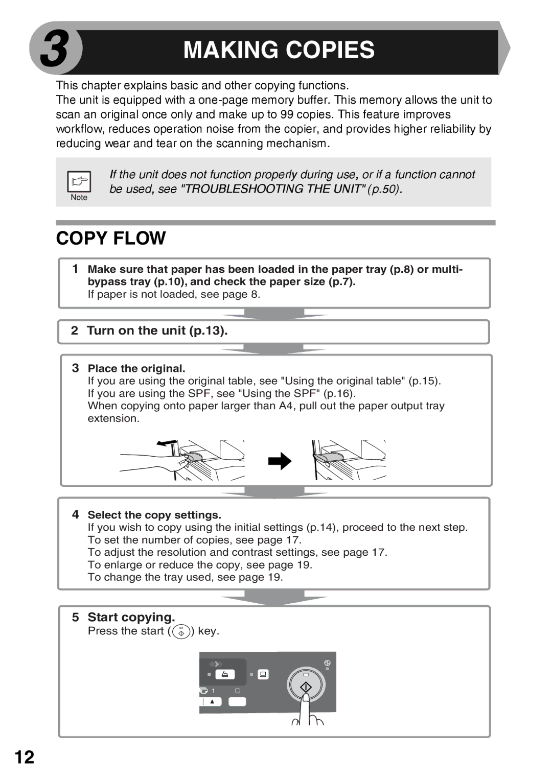 Sharp AR-203E manual Copy Flow, Turn on the unit p.13, Start copying 