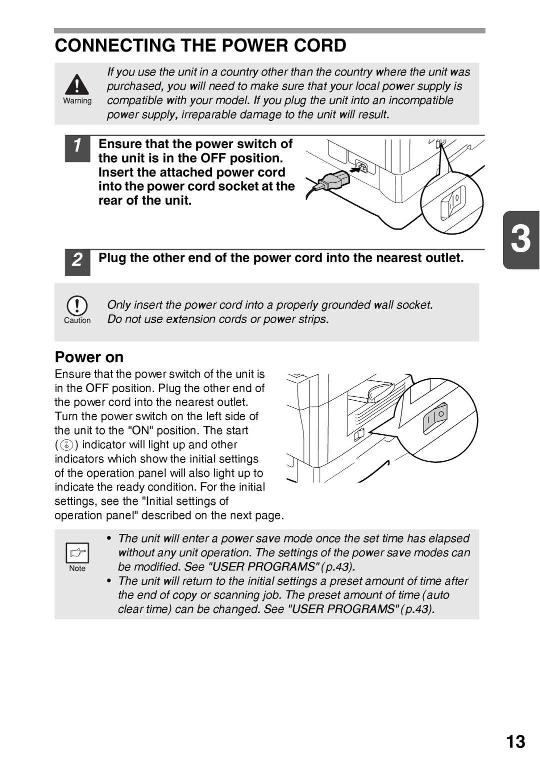 Sharp AR-203E manual Connecting the Power Cord, Power on 