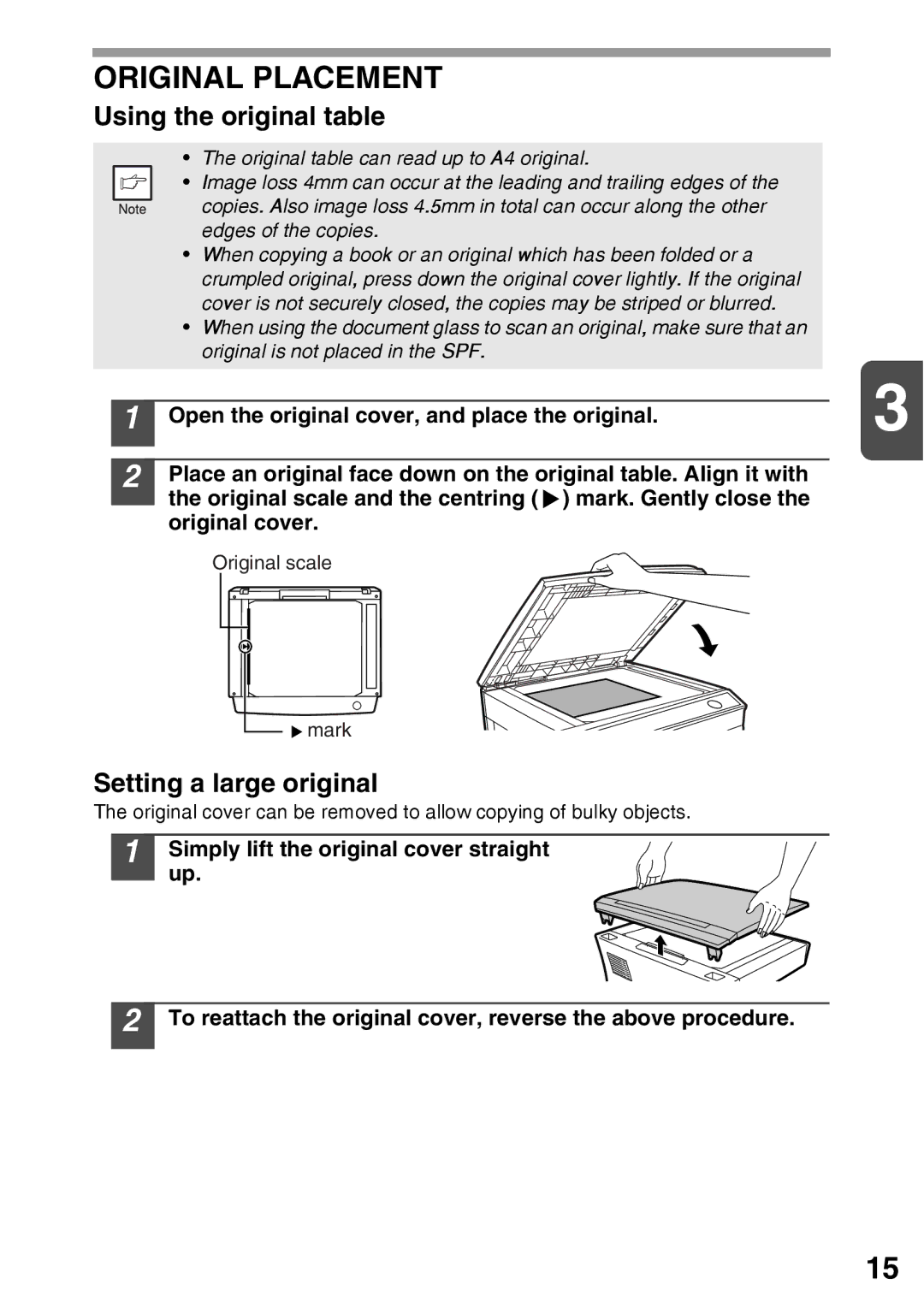 Sharp AR-203E manual Original Placement, Using the original table, Setting a large original, Original scale 