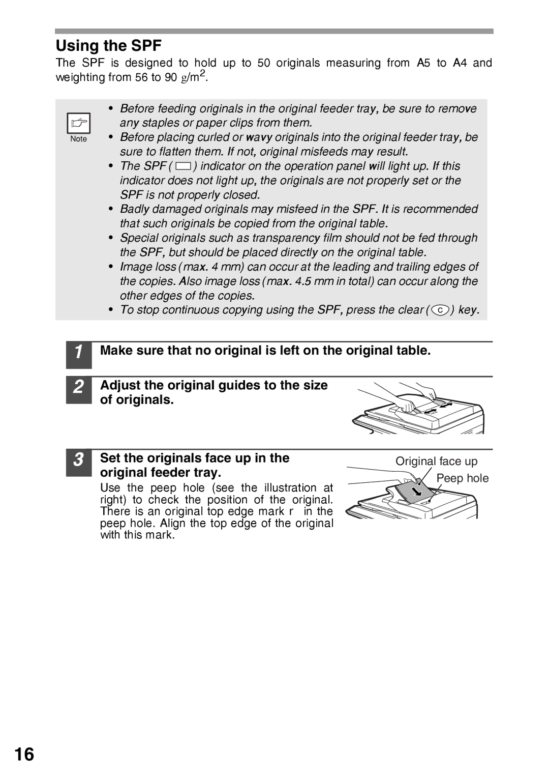 Sharp AR-203E manual Using the SPF, Original feeder tray 