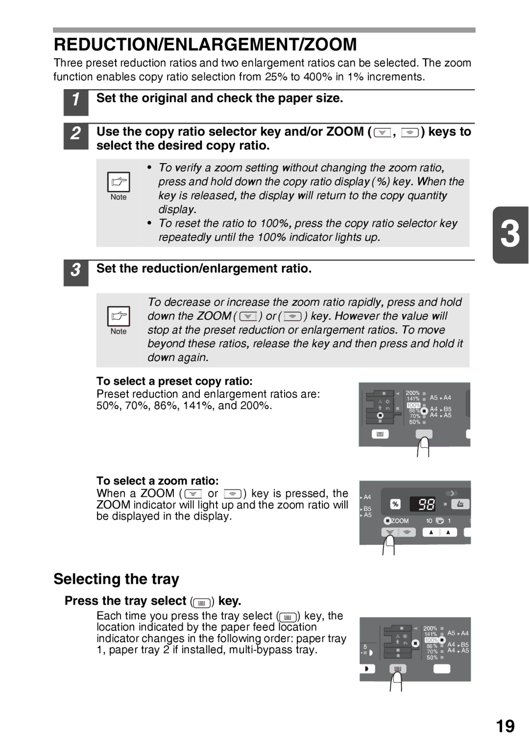 Sharp AR-203E manual Reduction/Enlargement/Zoom, Selecting the tray, Set the reduction/enlargement ratio 