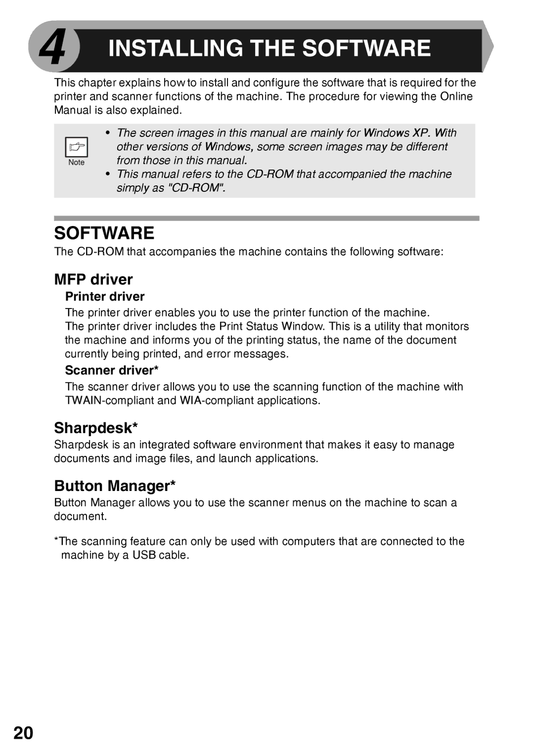 Sharp AR-203E manual Software, MFP driver, Sharpdesk, Button Manager 