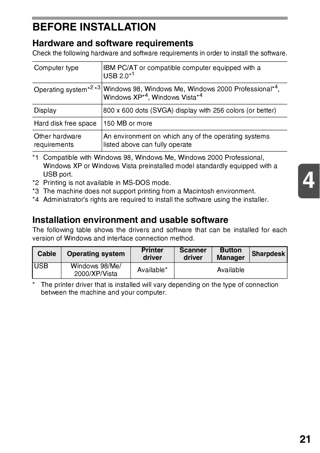 Sharp AR-203E manual Before Installation, Hardware and software requirements, Installation environment and usable software 