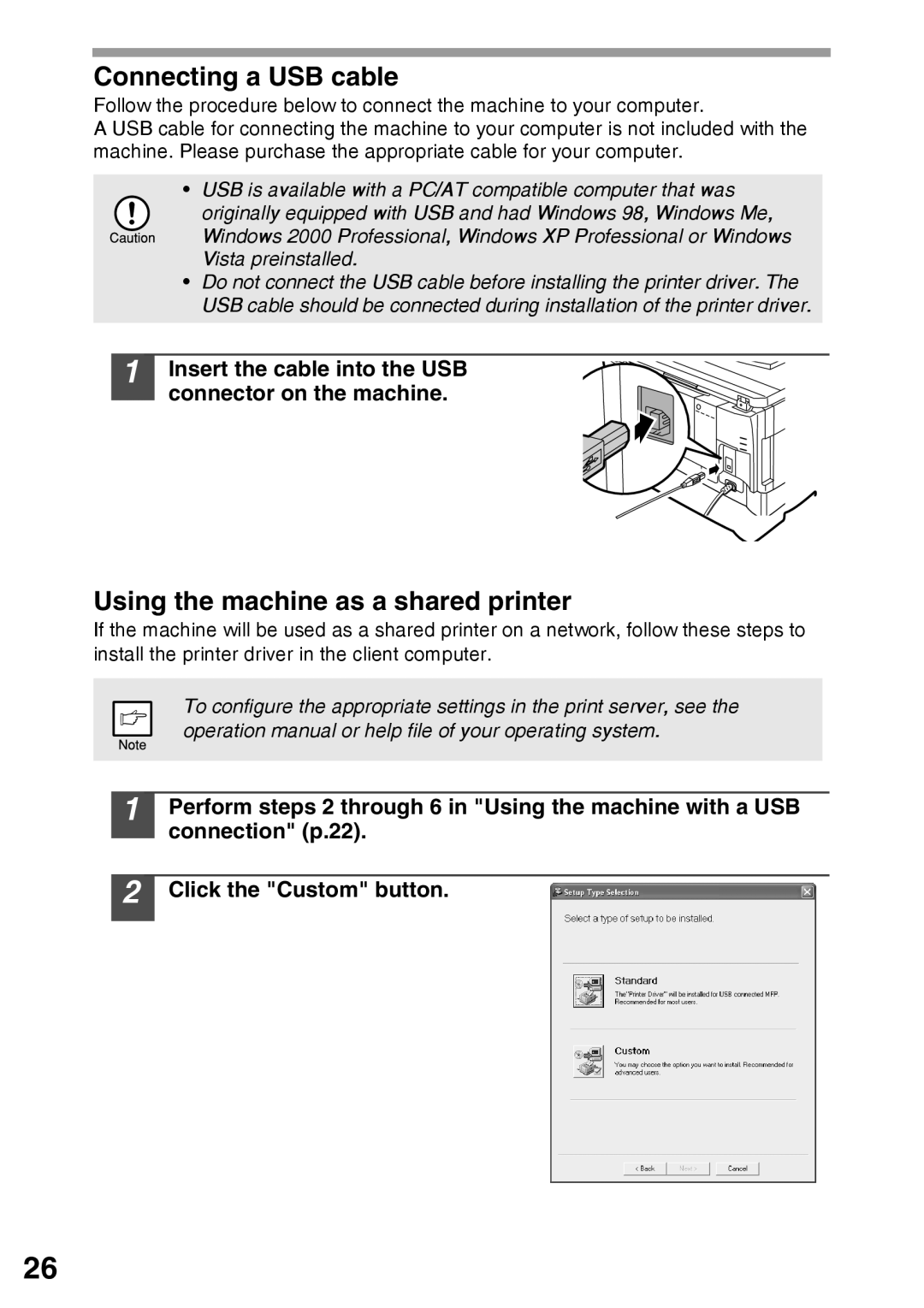 Sharp AR-203E manual Connecting a USB cable, Using the machine as a shared printer 