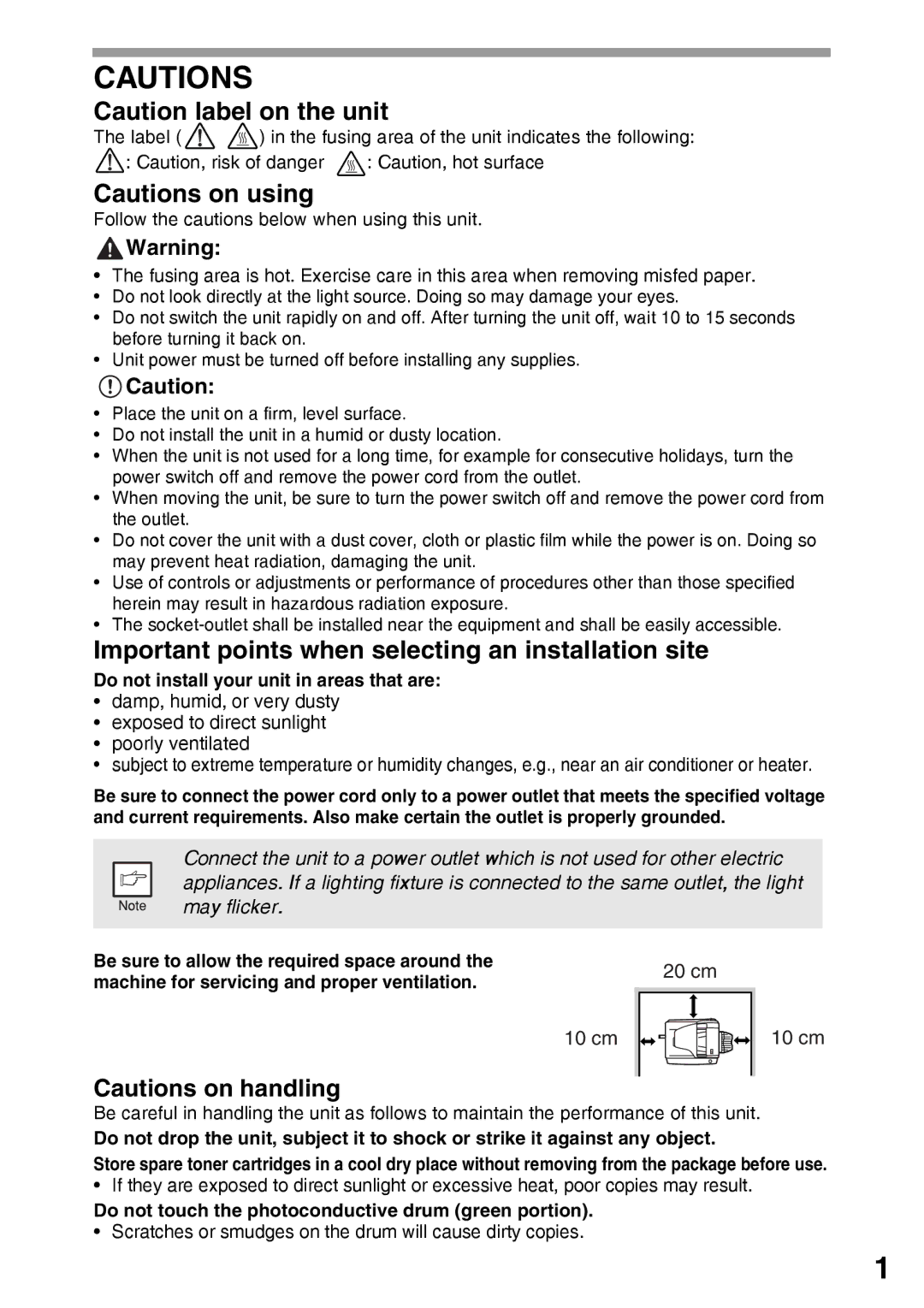 Sharp AR-203E manual Important points when selecting an installation site, 20 cm 