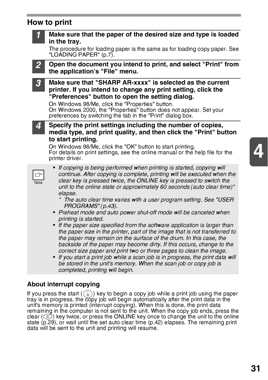 Sharp AR-203E manual How to print, About interrupt copying 