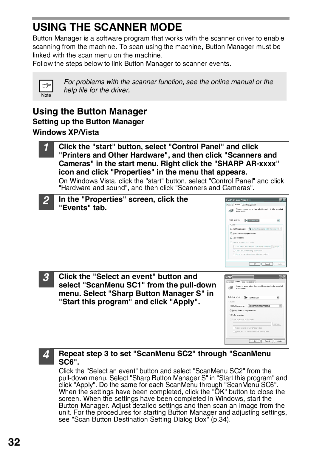 Sharp AR-203E manual Using the Scanner Mode, Using the Button Manager, Setting up the Button Manager Windows XP/Vista 