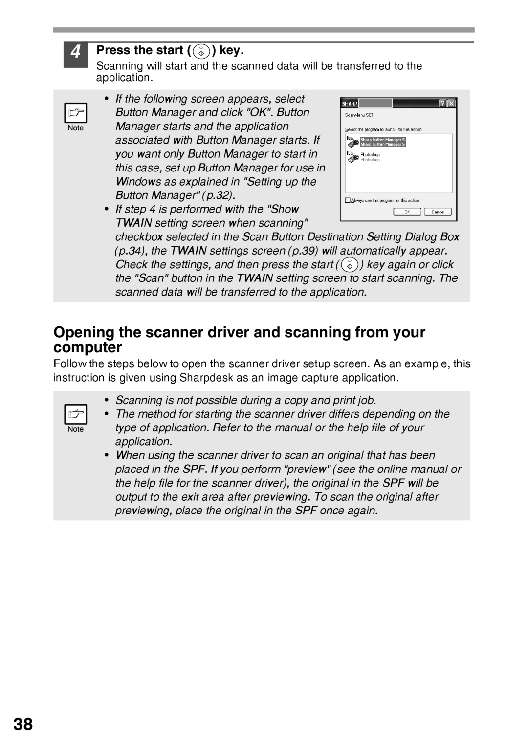 Sharp AR-203E manual Opening the scanner driver and scanning from your computer, Press the start Key 