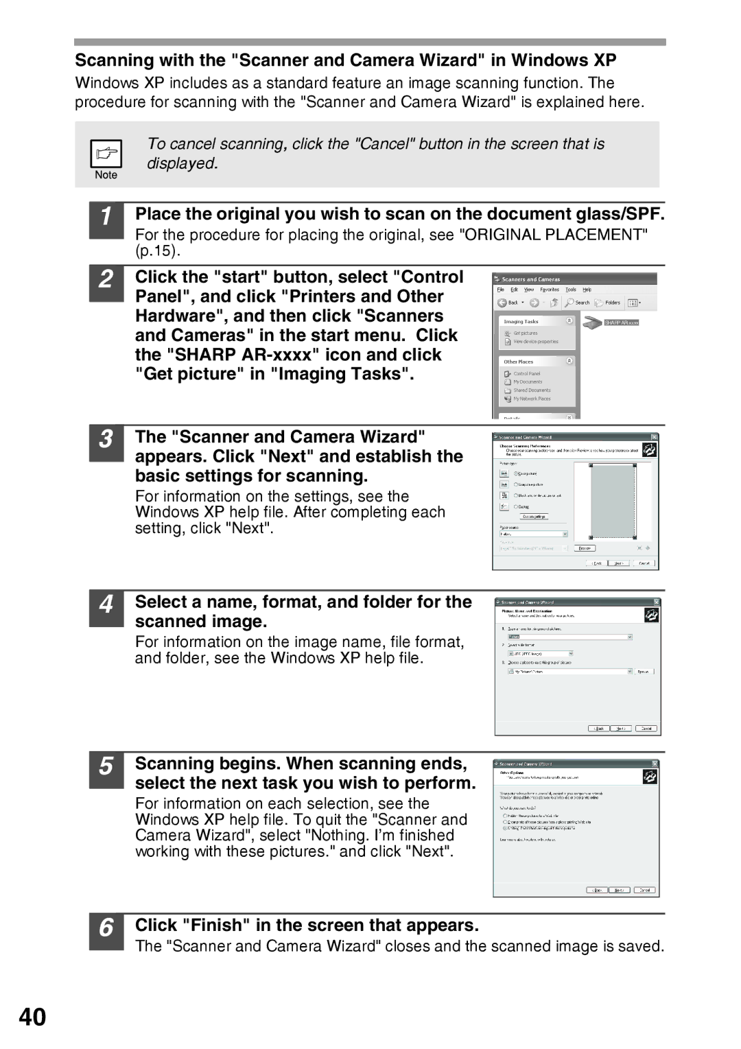 Sharp AR-203E manual Scanning with the Scanner and Camera Wizard in Windows XP, Click Finish in the screen that appears 