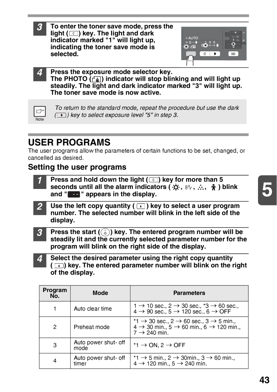 Sharp AR-203E manual User Programs, Setting the user programs 