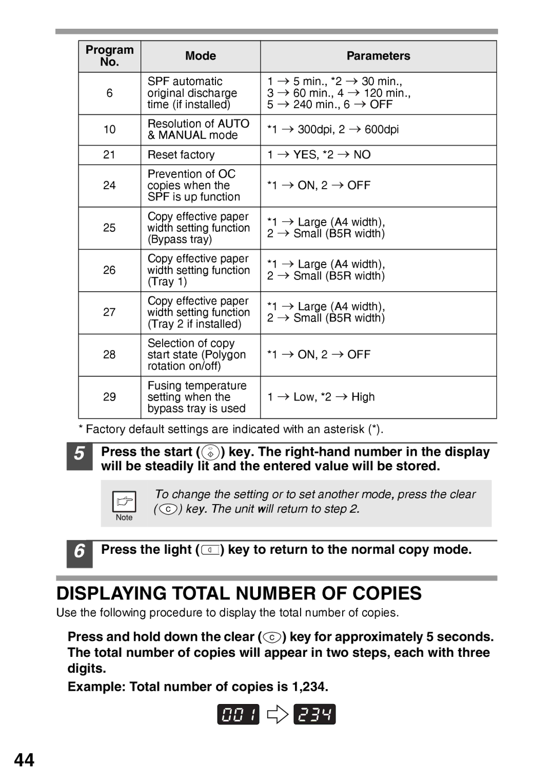 Sharp AR-203E manual Displaying Total Number of Copies, Press the light Key to return to the normal copy mode 