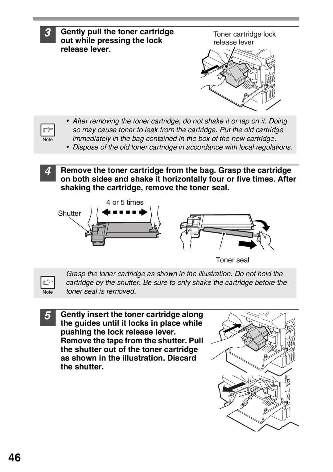 Sharp AR-203E manual Gently pull the toner cartridge, Out while pressing the lock, Release lever 