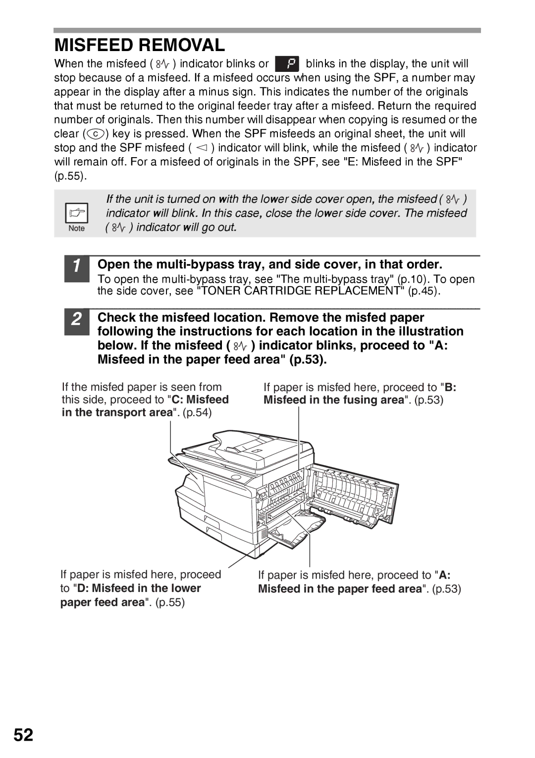 Sharp AR-203E manual Misfeed Removal, Open the multi-bypass tray, and side cover, in that order, Paper feed area. p.55 