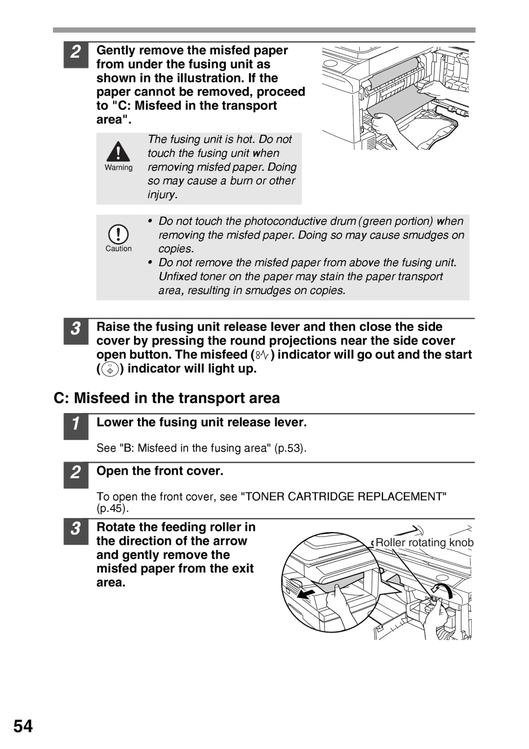 Sharp AR-203E manual Misfeed in the transport area, Open the front cover, Rotate the feeding roller Direction of the arrow 