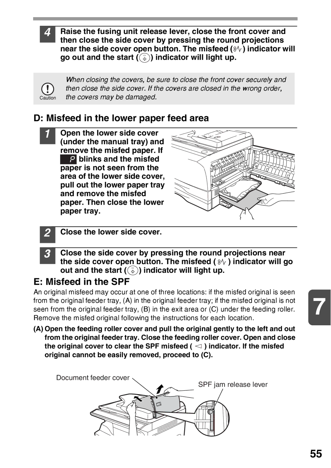 Sharp AR-203E manual Misfeed in the lower paper feed area, Misfeed in the SPF 